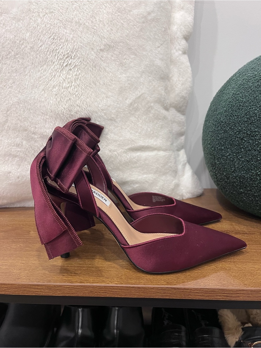 Steve Madden Burgundy Satin Pointed-Toe Pumps with Ankle Bow